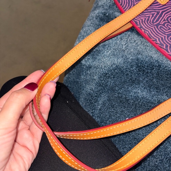 Dooney & Bourke Purple Floral Shoulder Bag with Tan Straps - Picture 3 of 5